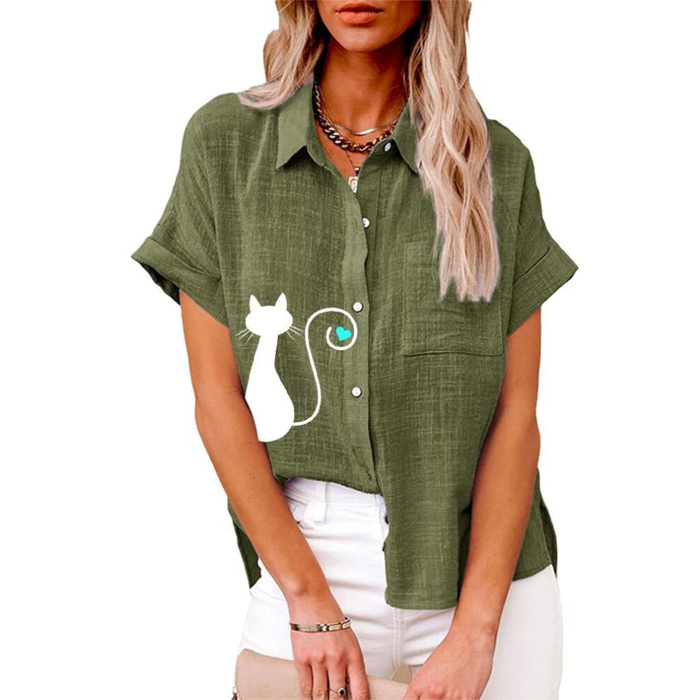 (XL, green) Plus Size Women Fashion Cat Print Blouse Summer&fall Loose Buttoned Short Sleeve Shirt Ladies Casual Linen T-shirt