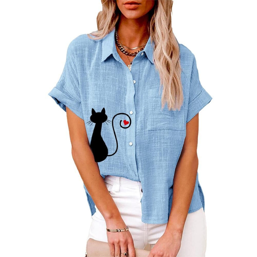 (3XL, light blue) Plus Size Women Fashion Cat Print Blouse Summer&fall Loose Buttoned Short Sleeve Shirt Ladies Casual Linen T-shirt