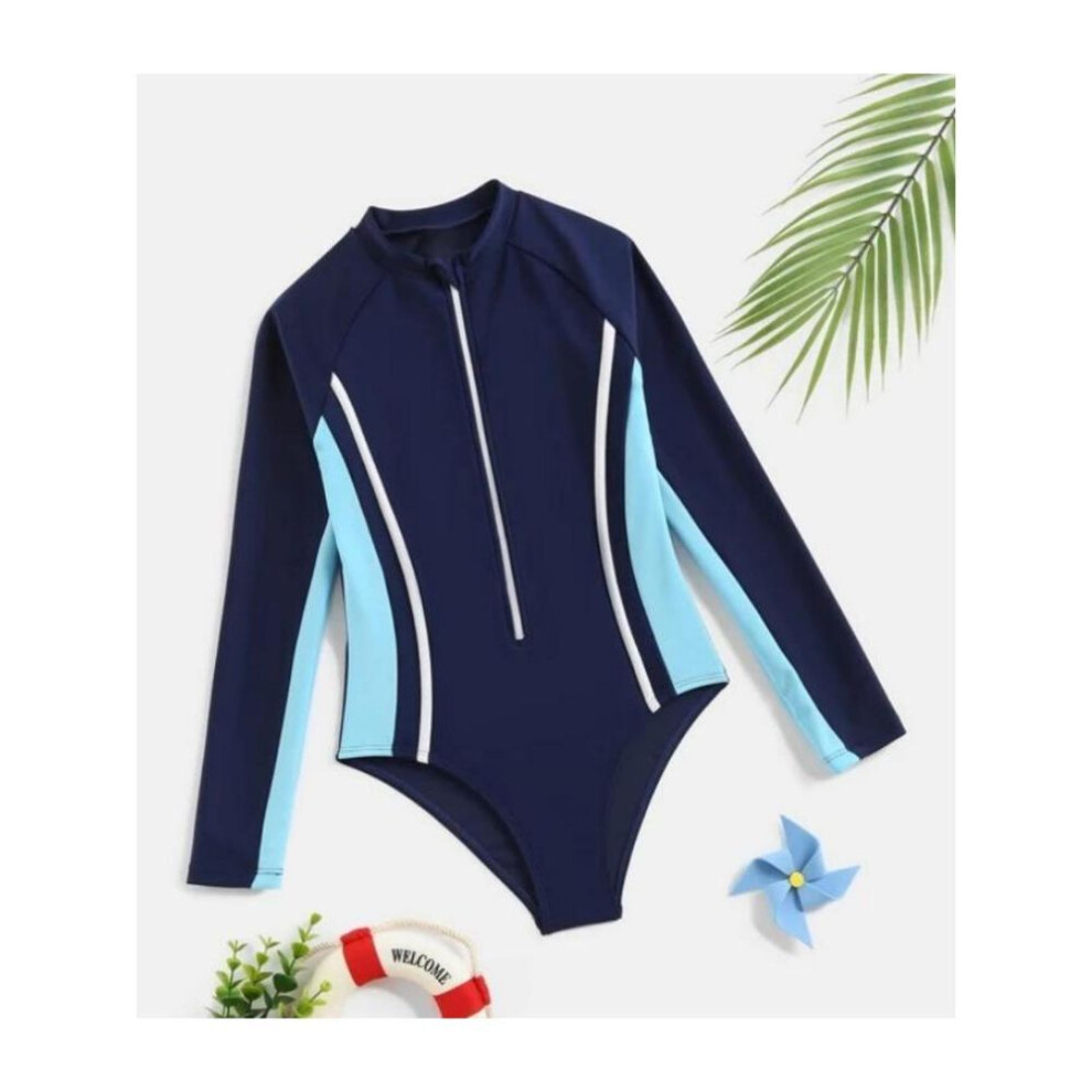 (blue, 160) Kids Girls Swimsuit Long Sleeve  Printed Zippered Swimwear Bathing Suit Rash Guard Bodysuit Beach Wear