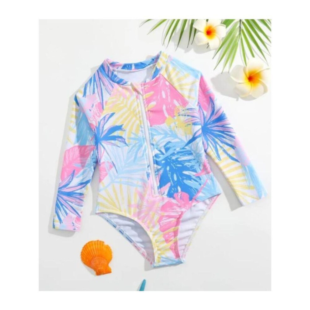 (multicolor, 130) Kids Girls Swimsuit Long Sleeve  Printed Zippered Swimwear Bathing Suit Rash Guard Bodysuit Beach Wear