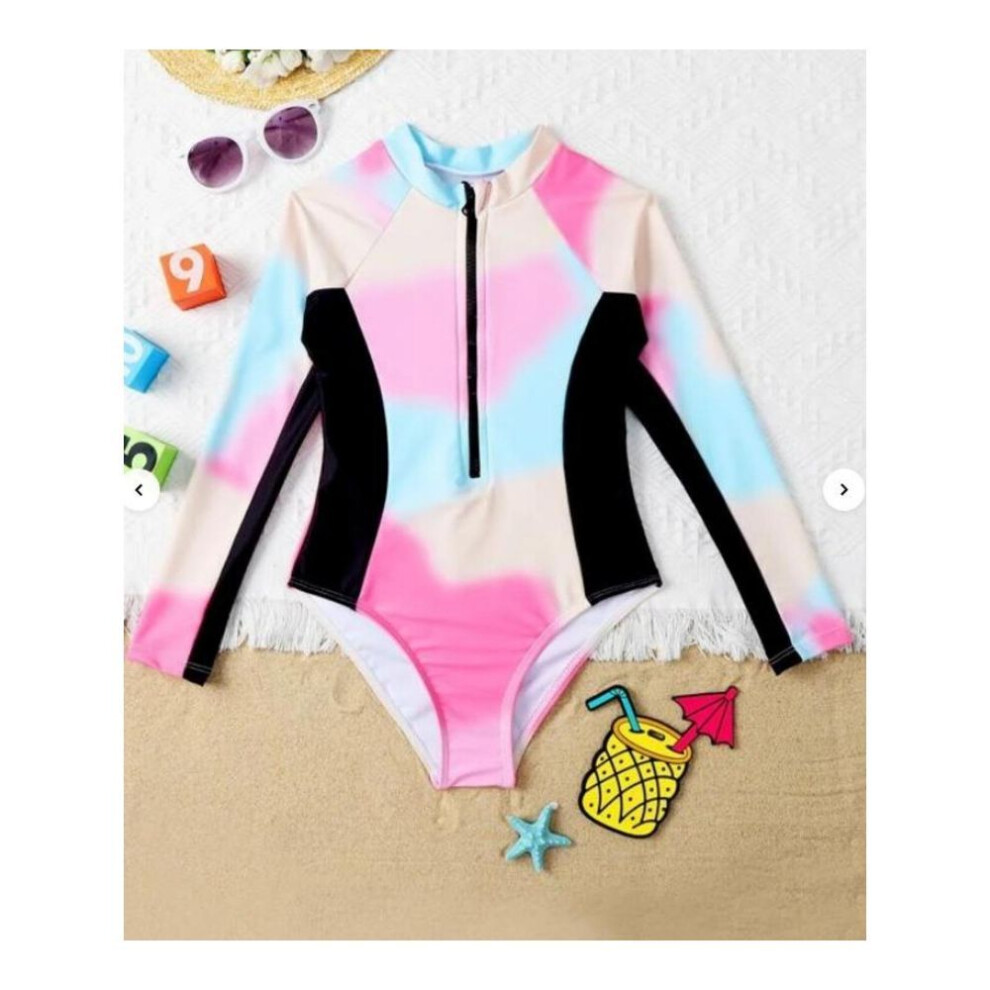 (pink, 160) Kids Girls Swimsuit Long Sleeve  Printed Zippered Swimwear Bathing Suit Rash Guard Bodysuit Beach Wear