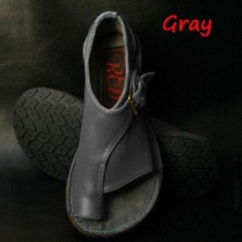 (gray, 38) Women's Plus Size 43 Sandals Buckle Strap Round Toe Casual Female Flat Shoes Thimble Toe Cover Heel Comfortable Light Sandal