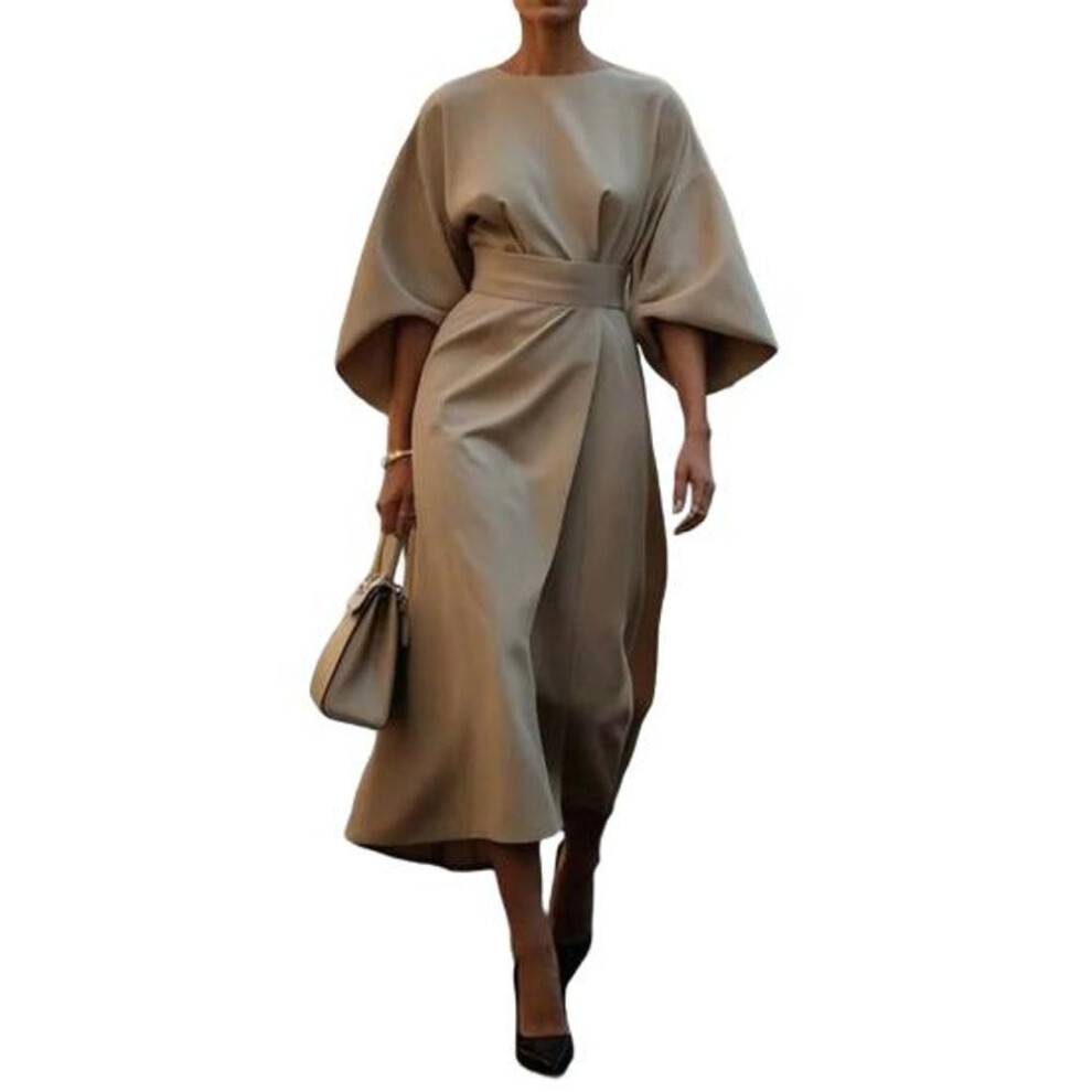 (khaki, L) Women Dress Slim Waist Solid Color Dolman Sleeves Midi Dress Calf Length Evening Dress Round Neck Long Dress for Commuting Party Dating