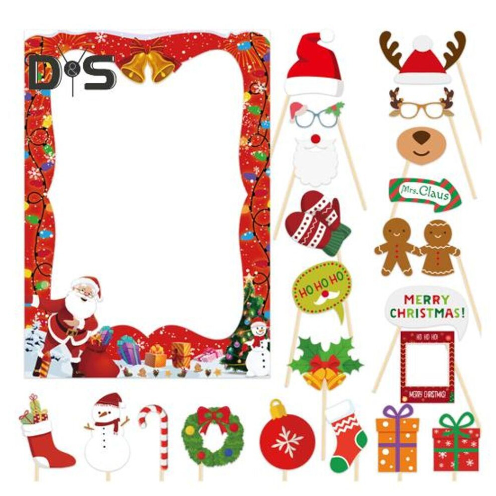 21 Pcs Christmas Photo Booth Props Diy Handheld Photography Props Kit Christmas Patterned Paper Card With Wooden Sticks Party Supplies For Family