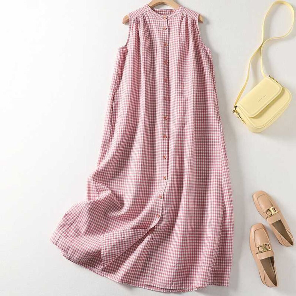 (as the picture, M) Cotton Linen Plaid Sleeveless Dress with Full Open Button A-line Loose Vest for Women Summer Dresses