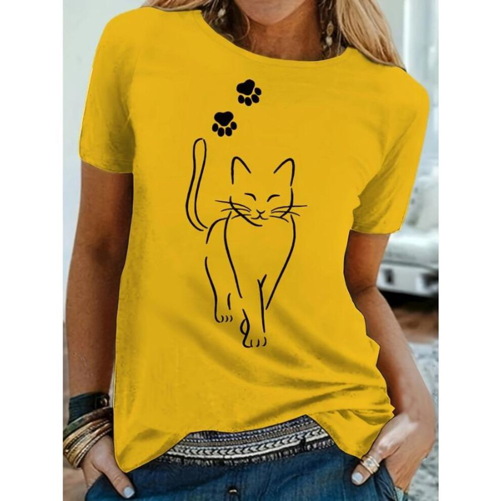 (M, yellow) Plus Size Casual T-shirt Women's Plus Cute Cat Paw Print Short Sleeve Round Neck Medium Stretch T-shirt