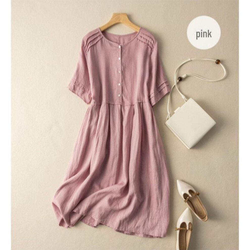 (pink, 2XL) Women's Short-Sleeve Linen Shirt Dress, Retro Mid-Length Style, Summer 2022, Elegant and Youthful Look