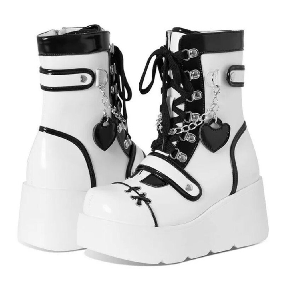 (white, EU 39) Pink Sweetheart Thick-soled Height-enhancing Lace-up Boots - Trendy Women's Motorcycle Style