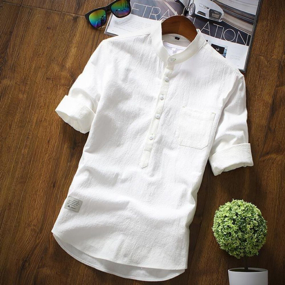 (3XL, white) 2023 Summer Men's Slim White Linen Shirt - Short-Sleeve, Handsome Trend
