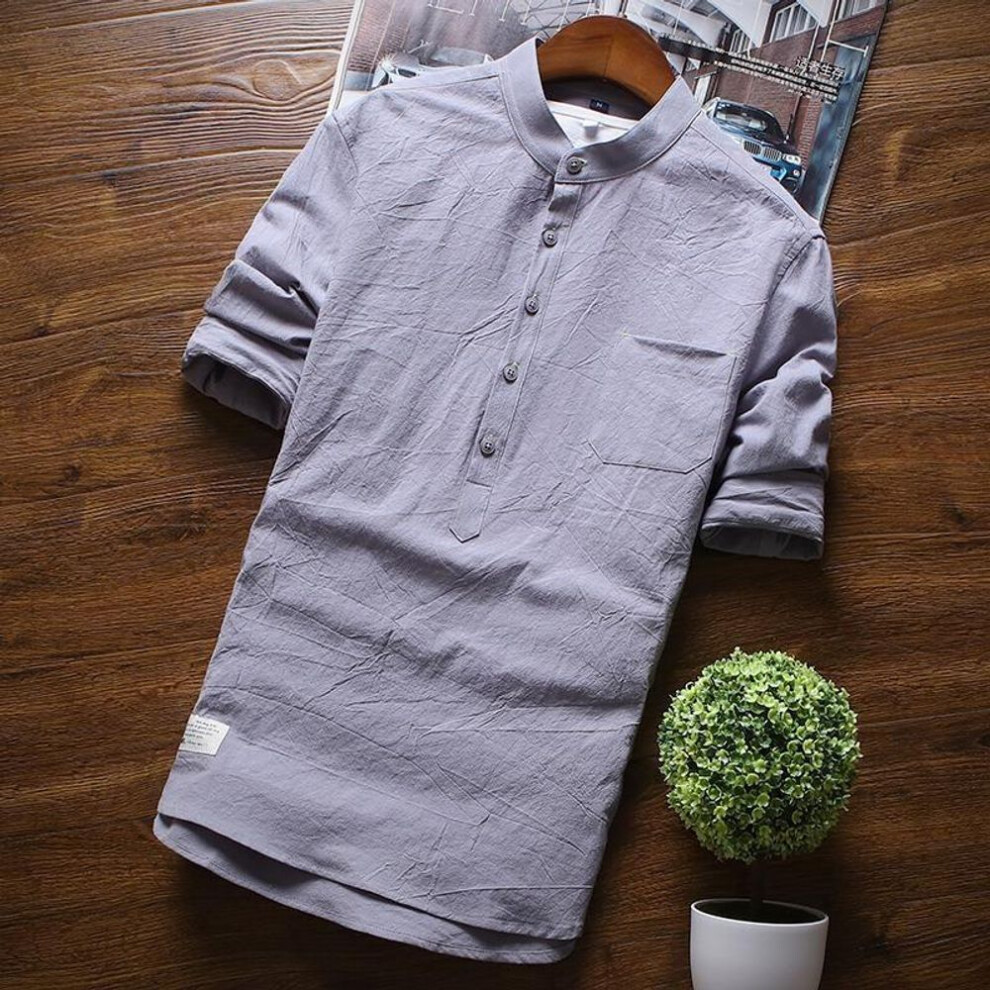 (3XL, gray) 2023 Summer Men's Slim White Linen Shirt - Short-Sleeve, Handsome Trend