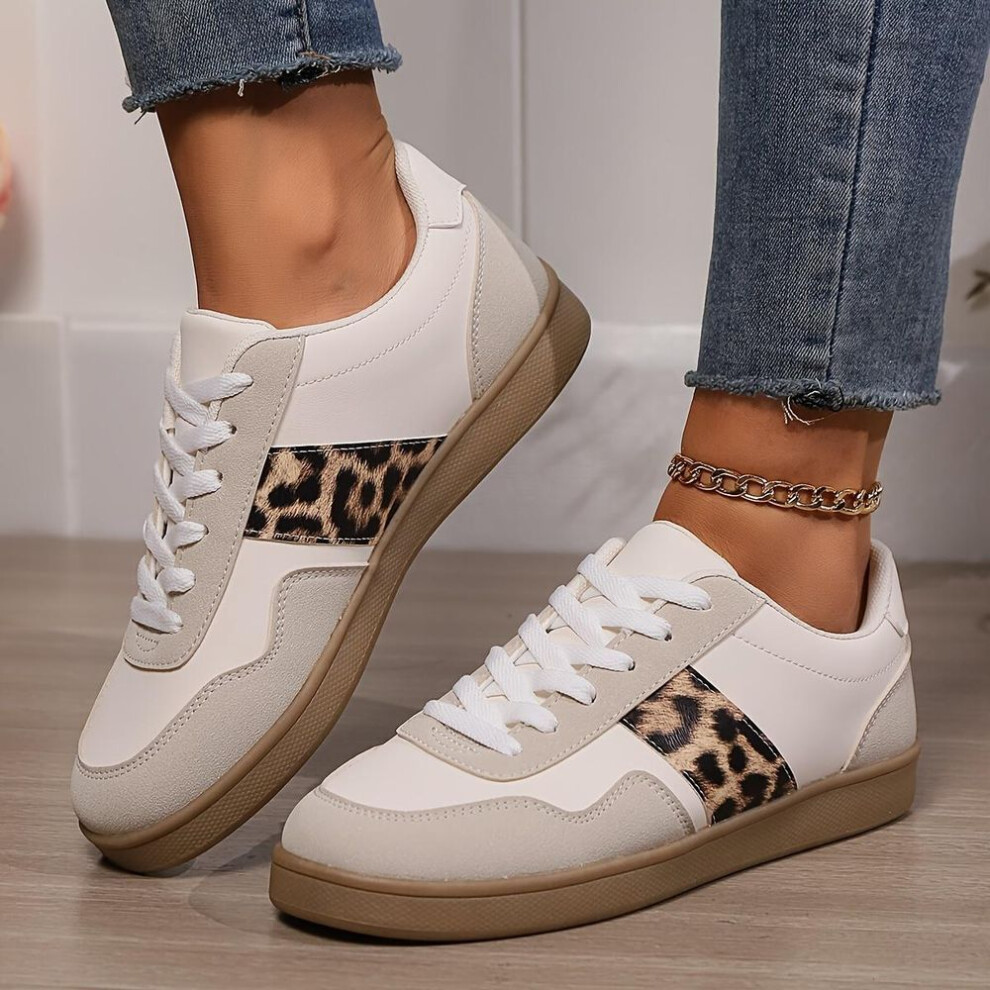(beige, 36) Fashionable Women'S Leopard Print Lace-Up Casual Sneakers