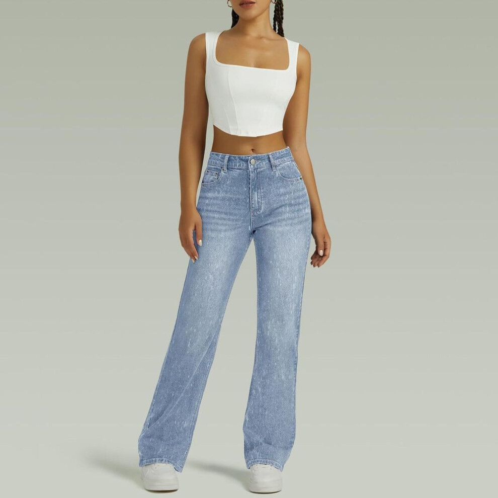 (light blue, XXL) Women's High Waist Washed Women's Jeans Fashionable Versatile Straight Leg Pants