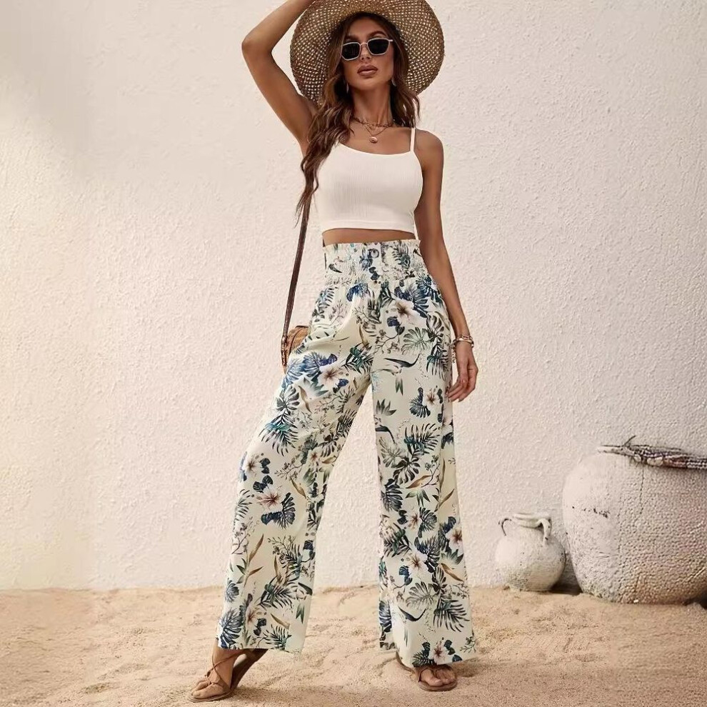 (apricot, M) GMXIA Spring Women's Fashion Plant Print Casual Temperament High Waist Stretch Stretch Waist Wide Leg Pants
