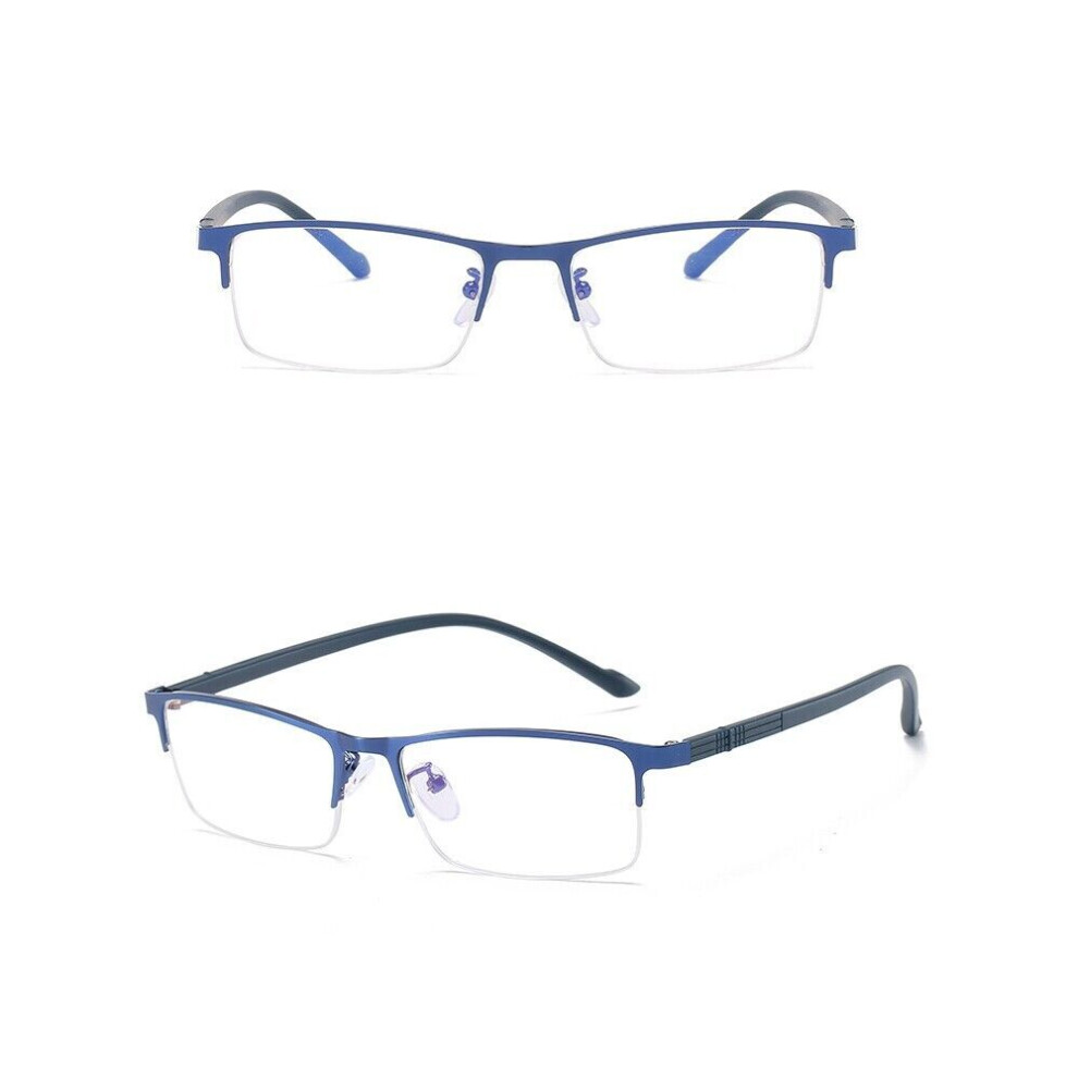Blue/Light (+3.00, ) Men Blocking Reading Glasses Metal Half Rim Rectangle