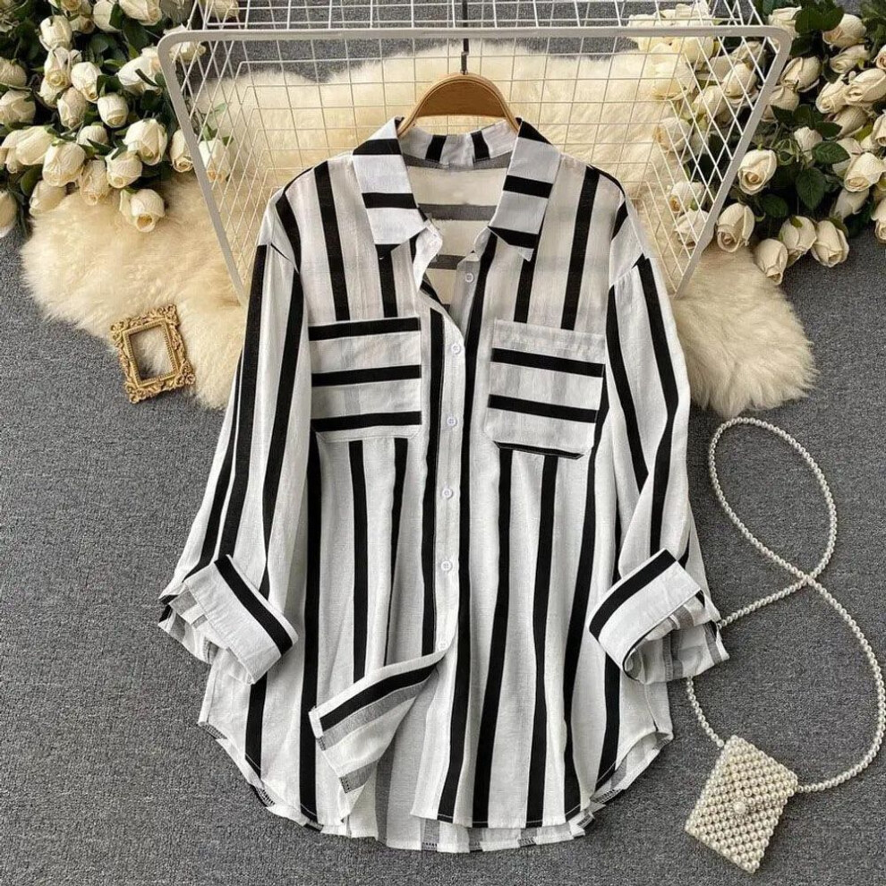 (3XL, black) Women's Summer, Spring and Autumn Medium-length Vertical Stripes Casual Loose Shirt