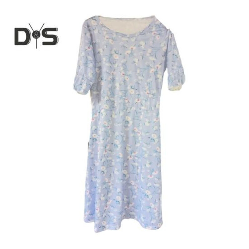 (blue, L) Women Summer Dress Flower Print Ruffle Loose Hem A Line Lace Up Belt Mid Calf Length Round Neck Tight High Waist Short Sleeves Lady Midi Dress