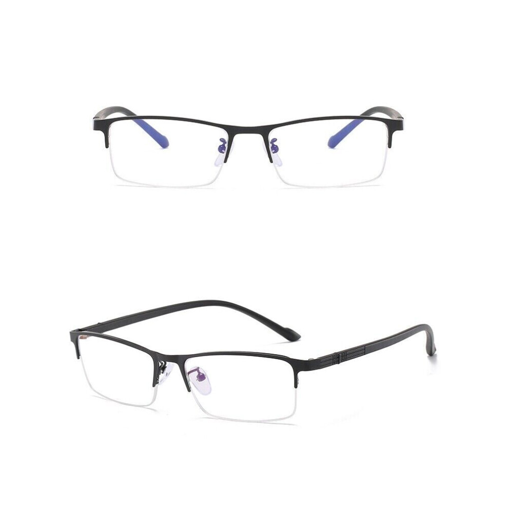 (+2.00, Black) Blue Light Blocking Reading Glasses Metal Half Rim Rectangle Readers 1.0~4.0 Men