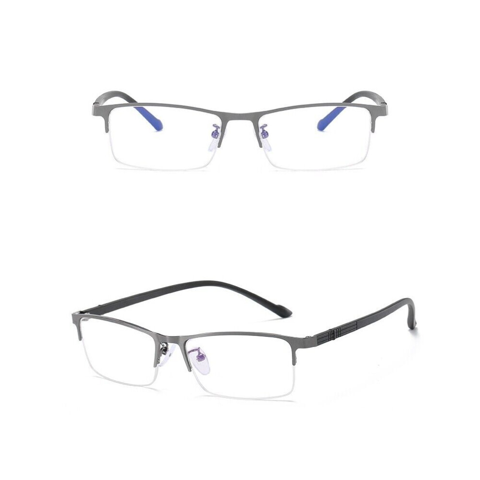 Blue/Light (+3.00, Gunmetal) Men Blocking Reading Glasses Metal Half Rim Rectangle Readers 1.0~4.0