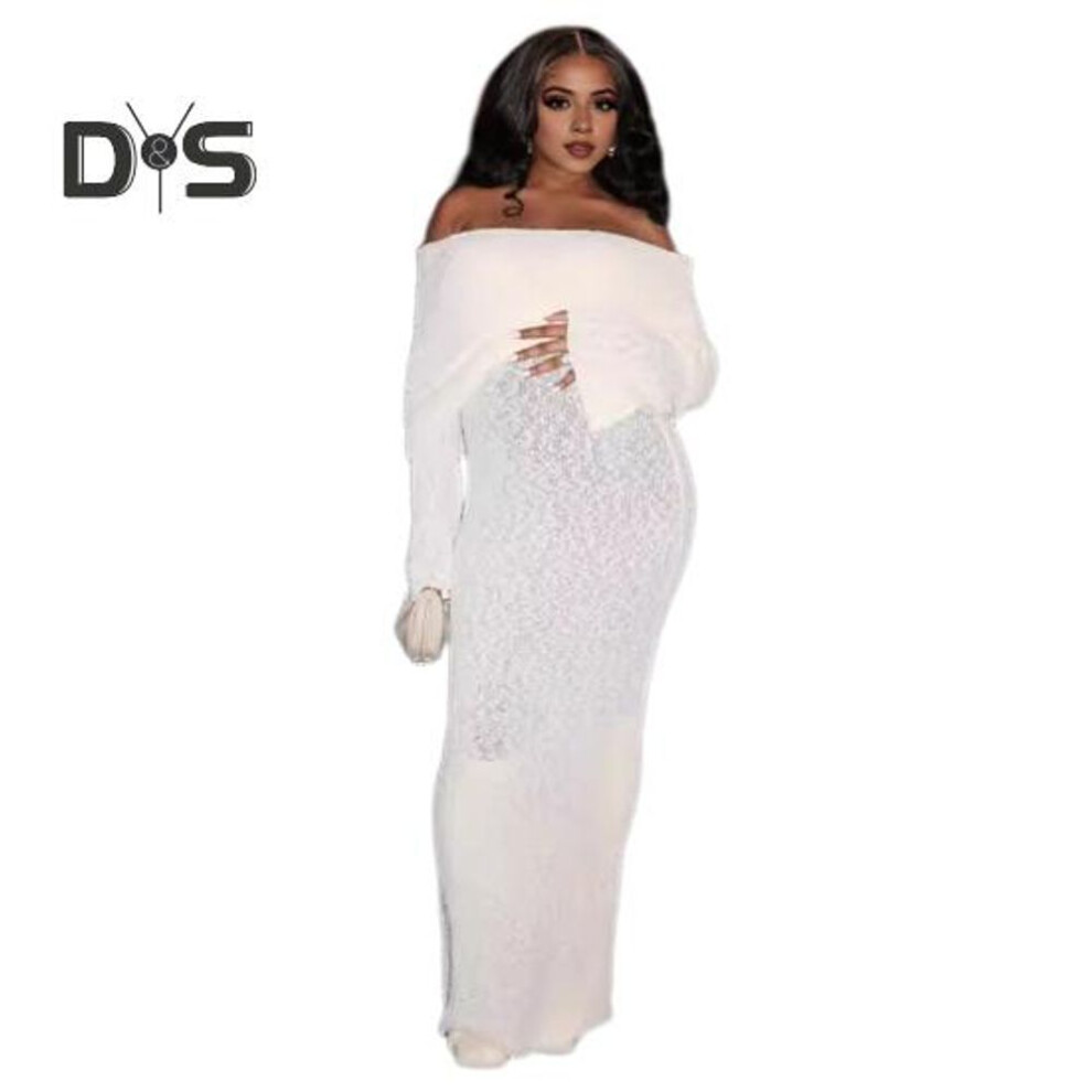 (white, S) Knit Maxi Dress for Women Long Sleeve Sheer Hollow Off Shoulder Elegant Long Dress for Parties Beach