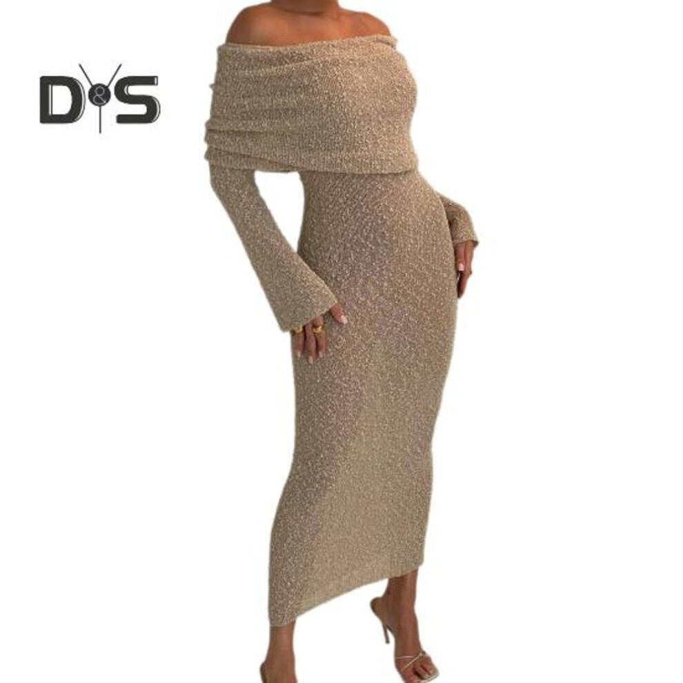 (apricot, M) Knit Maxi Dress for Women Long Sleeve Sheer Hollow Off Shoulder Elegant Long Dress for Parties Beach