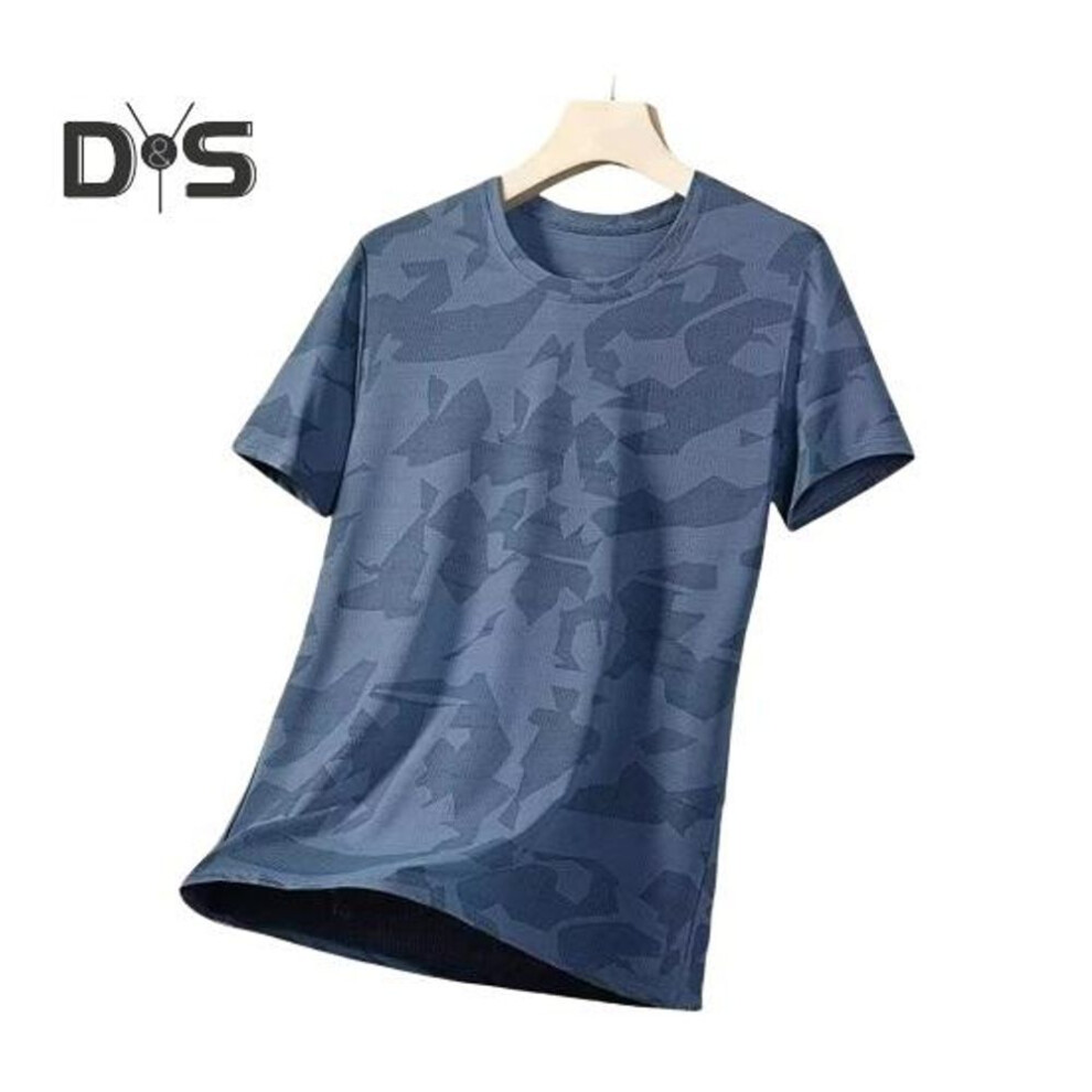 (blue, M) Summer Men T-shirt Round Neck Short Sleeves Thin Quick-drying Loose Camouflage Print Pullover Mid Length Casual Daily Wear Sport Travel Top