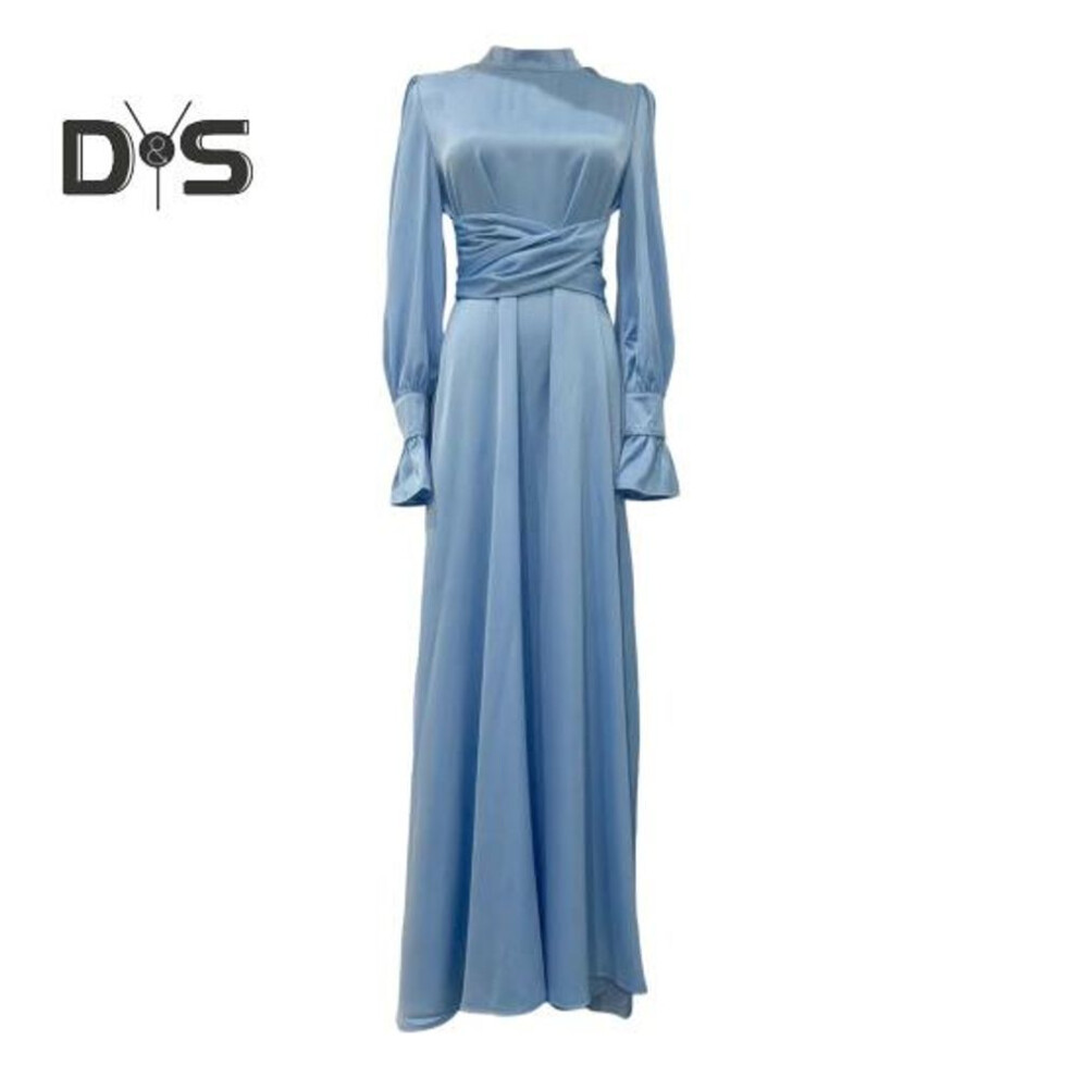 (light blue, XL) Fall Spring Lady Dress Puff Sleeves Tight Waist Stand Collar Pure Color A-line Pleated Shopping Commuting Party Prom Maxi Dress