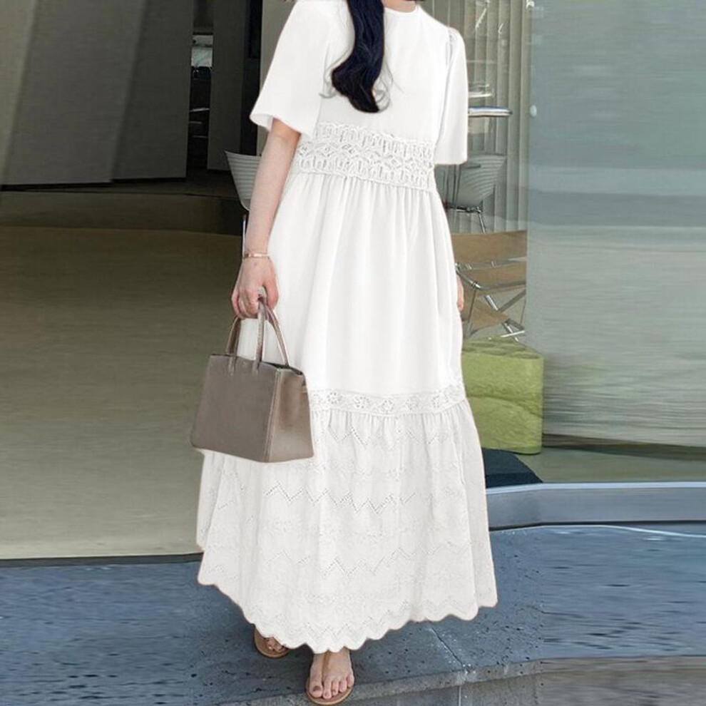 (white, S) ZANZEA Women Elegant Round Neck Puff Short Sleeve Lace Dresses