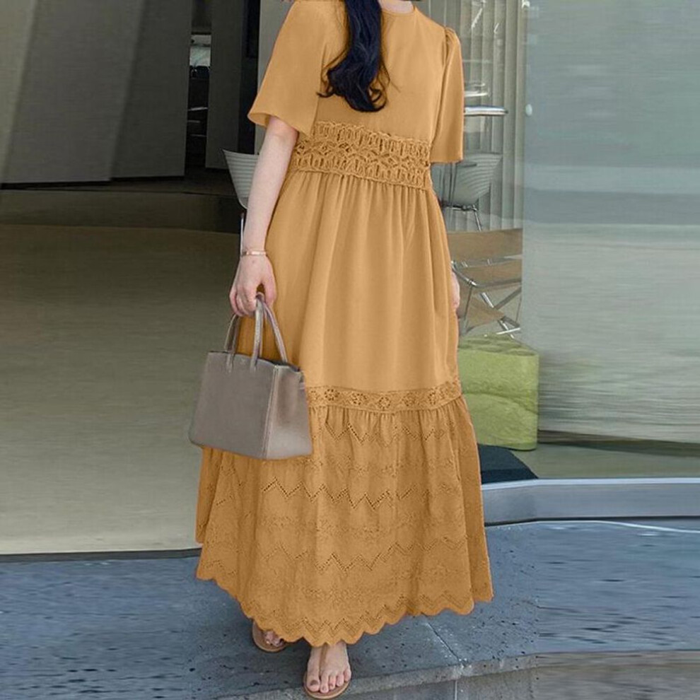(khaki, 3XL) ZANZEA Women Elegant Round Neck Puff Short Sleeve Lace Dresses