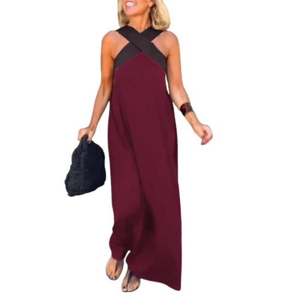 (wine red, 3XL) Women Evening Dress Cross Neck Off Shoulder Backless Robe Dress Solid Color