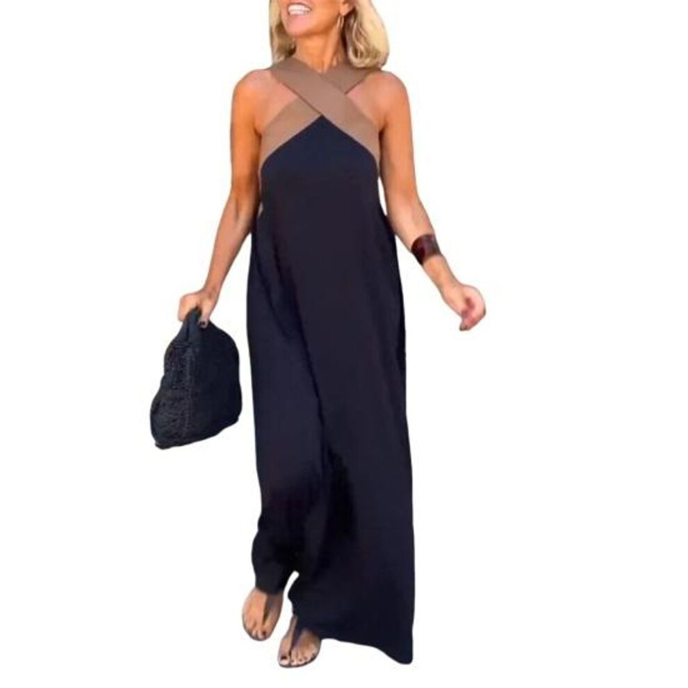 (black, M) Women Evening Dress Cross Neck Off Shoulder Backless Robe Dress Solid Color