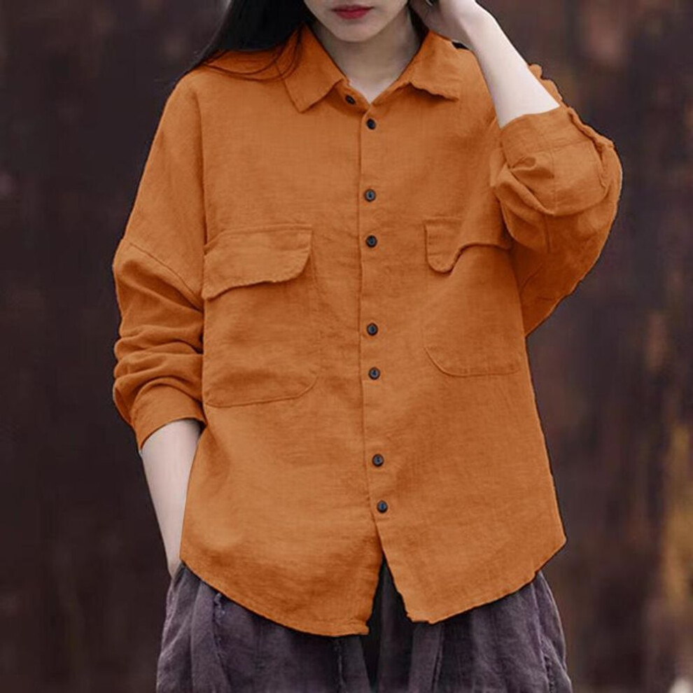 (L, orange) ZANZEA Women Autumn Lapel Pocket Long Sleeve Shirts