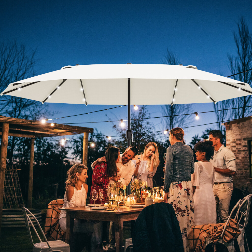 Outsunny 4.4M Double-Sided Sun Umbrella Patio Parasol Solar Lights Cream White