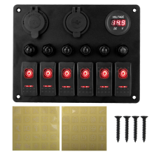 Univerzálny autokaravaningový panel so 6 prepínačmi, 12/24V kolískový voltmeter, USB nabíjačka, tester ističov, prepínač svetiel B