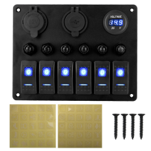 Univerzálny autokaravaningový panel so 6 prepínačmi, 12/24V kolískový voltmeter, USB nabíjačka, tester ističov, prepínač svetiel C