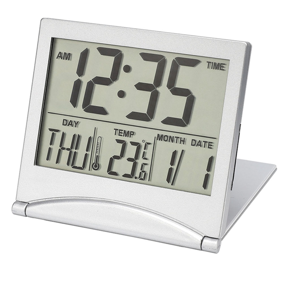 Réveil de voyage numérique pliable avec calendrier, minuterie, prévisions météo et écran LCD, alimenté par batterie