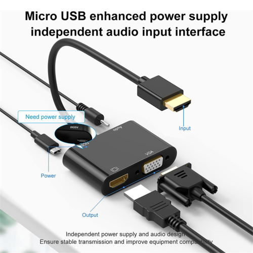 -Compatível com VGA+-Compatível com áudio de 3,5 mm Conversor 3 em 1 para PC com tela dupla e fonte de alimentação 2