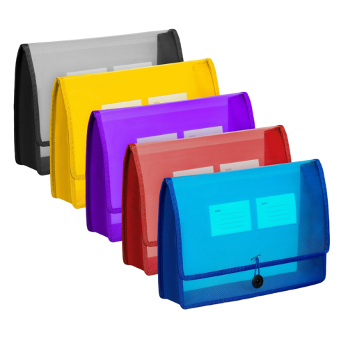 5Pack A4 Plastic File Wallet Envelope Expanding Folder& Label Pocket Clear Colored Waterproof for Office Home