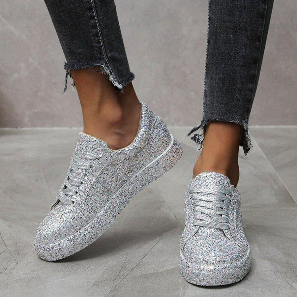 (white, 41) 2025 Spring Lace-Up Sequin Flats: Women's Round Toe Low-Top Casual Shoes