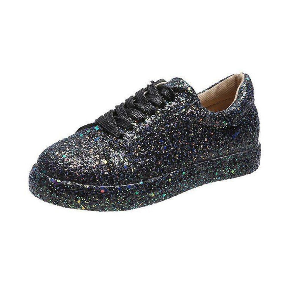 (black, 38) 2025 Spring Lace-Up Sequin Flats: Women's Round Toe Low-Top Casual Shoes