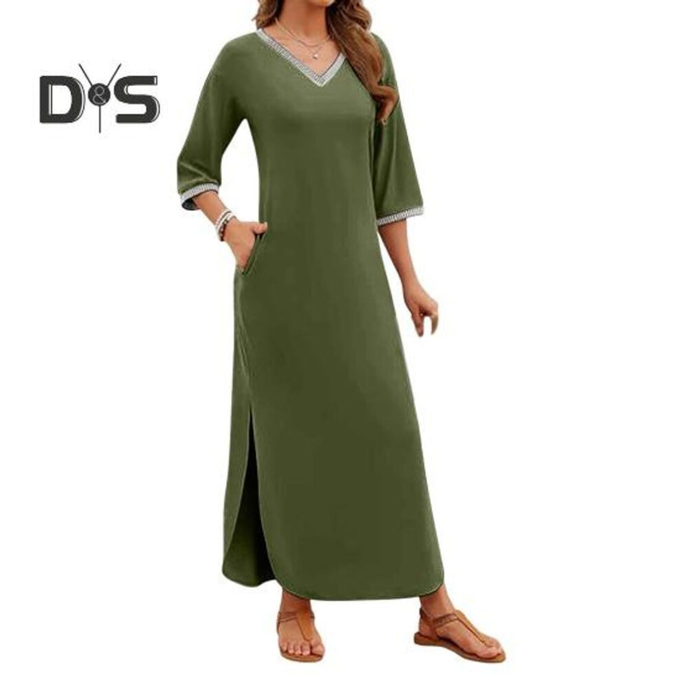(green, L) Women Maxi Dress with Side Pockets V Neck 3/4 Sleeves Loose Slit Hem Solid Color Patchwork Solid Color Loose Pullover Beach Dress