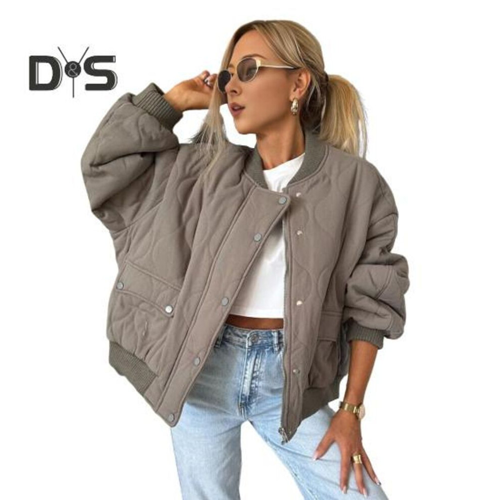 (camel, M) Women Fall Winter Coat Press Button Closure Long Sleeves with Pockets Loose Round Neck Daily Jacket Solid Color Outerwear for School Travel