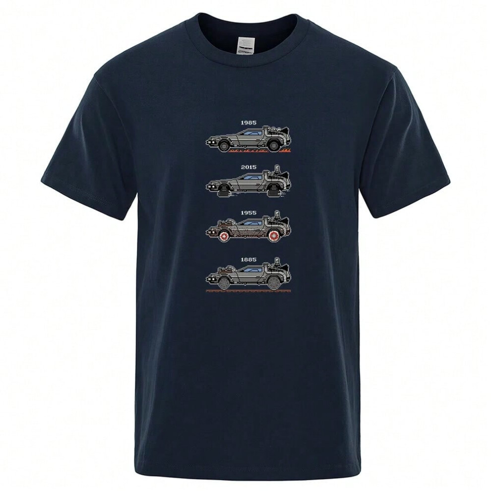 (Dark Blue, L) Retro Style Back To The Future Print Funny Tshirts Men Women Cotton T-Shirts Oversized Loose Tee Clothes Harajuku O-Neck Tops