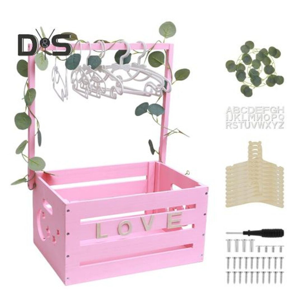 (pink) Baby Shower Crate Closet Wooden Baby Shower Basket With Hangers Baby Gift Storage Crate Hamper With Handle And Garland For Newborn