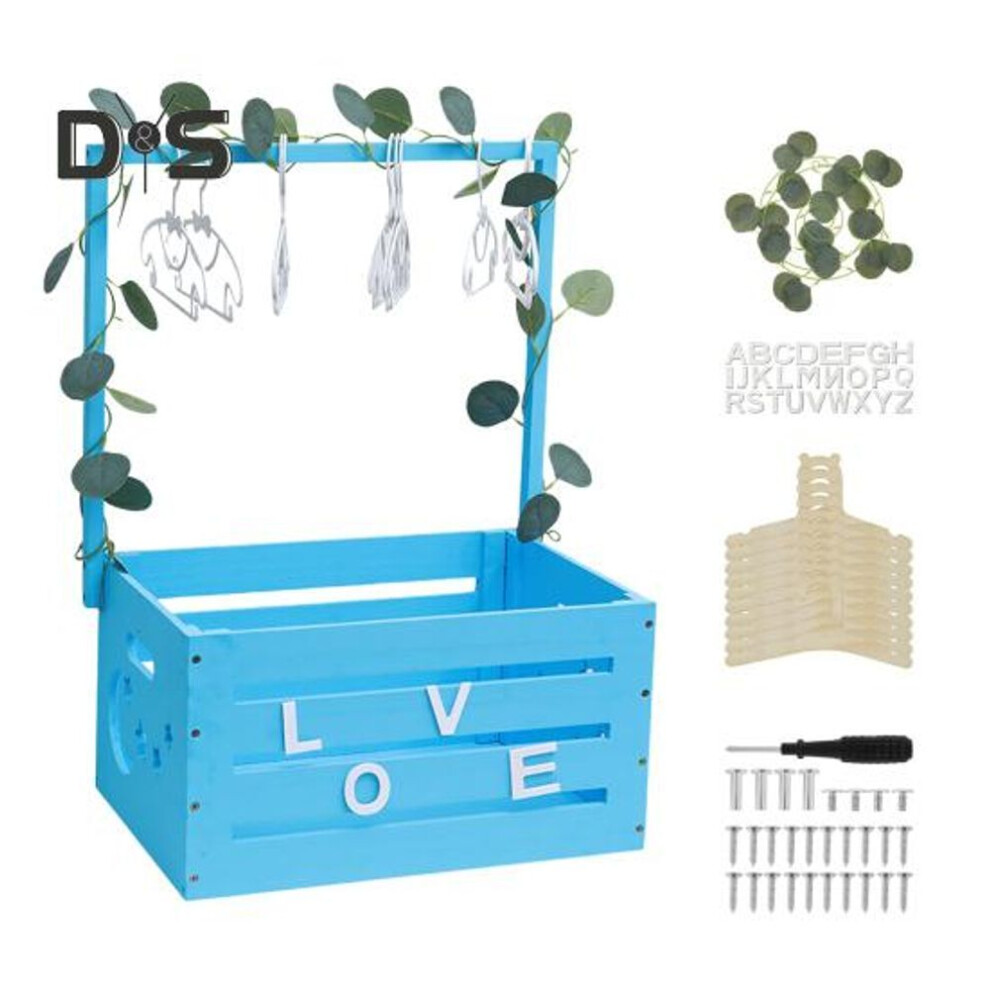 (blue) Baby Shower Crate Closet Wooden Baby Shower Basket With Hangers Baby Gift Storage Crate Hamper With Handle And Garland For Newborn