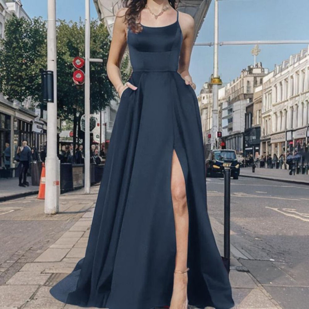 (dark blue, S) ZANZEA Women Vintage Sleeveless Slit A-Line Satin Waist Suspender Dresses