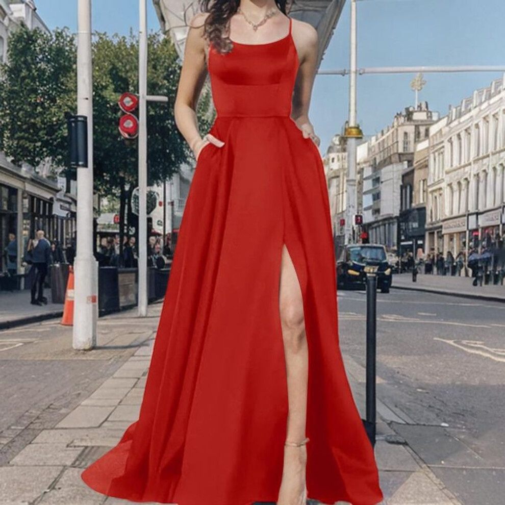 (red, 2XL) ZANZEA Women Vintage Sleeveless Slit A-Line Satin Waist Suspender Dresses