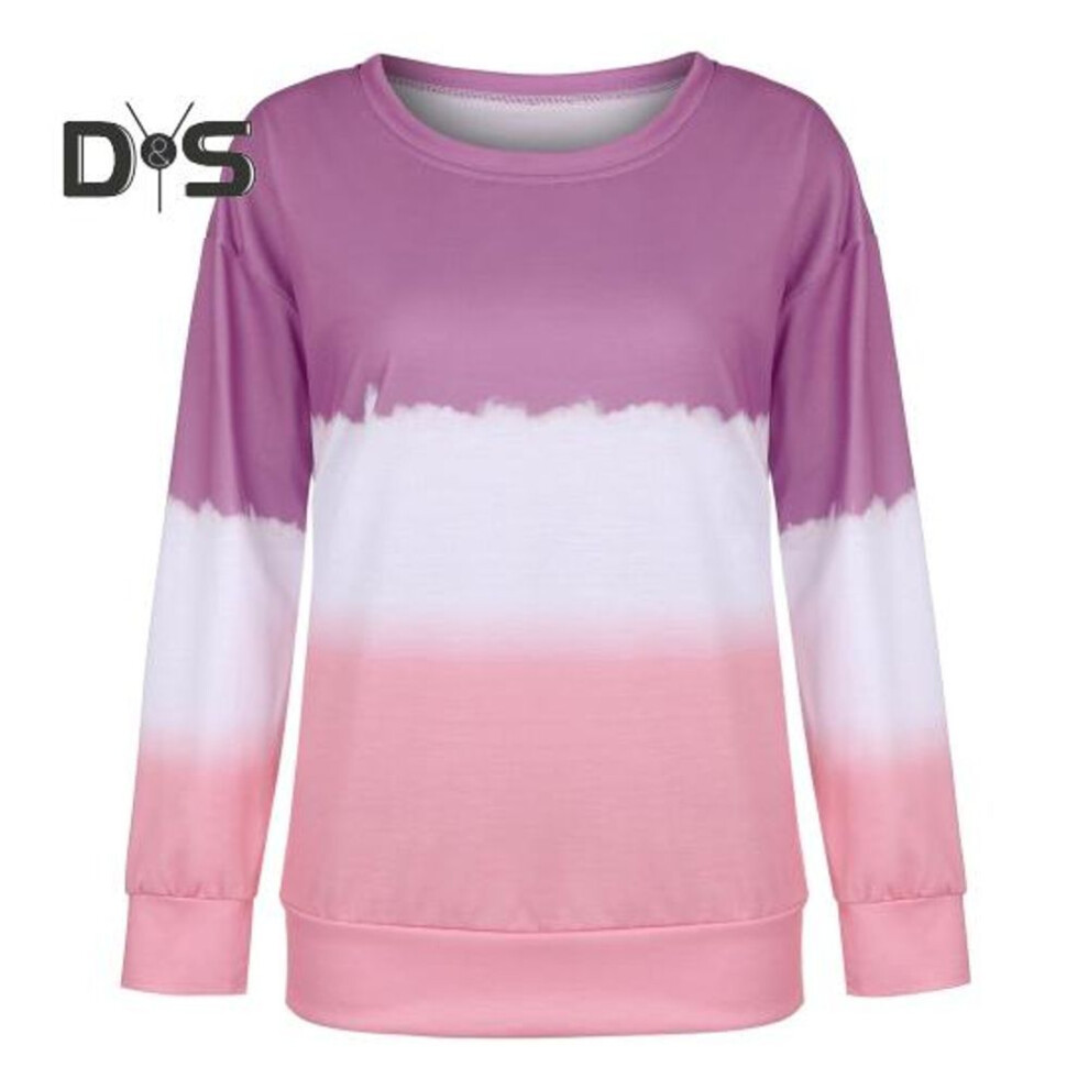 (XL, purple) Women Tops Loose Fit Spring Autumn Commuting Style Tee Shirt Gradient Color Tie Dye Print Sweatshirt O-neck Long Sleeve Tops