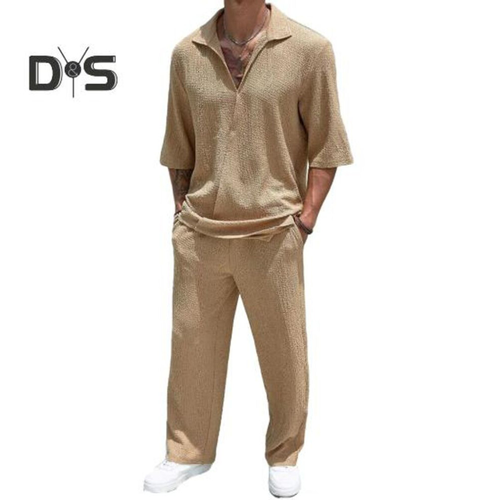 (brown, XXXL) 2pcs/set Men Casual Outfit Lapel Long Sleeve Tops Elastic Waist Long Pants Set Solid Color Commuter Style Outfit