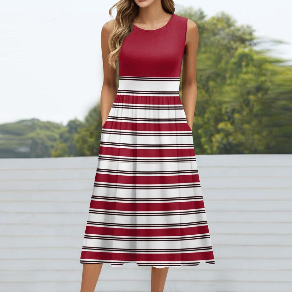 (red, XL) Women's Fashionable Retro Floral Print Round Neck Sleeveless Casual Pullover Pocket Mid Length Dress