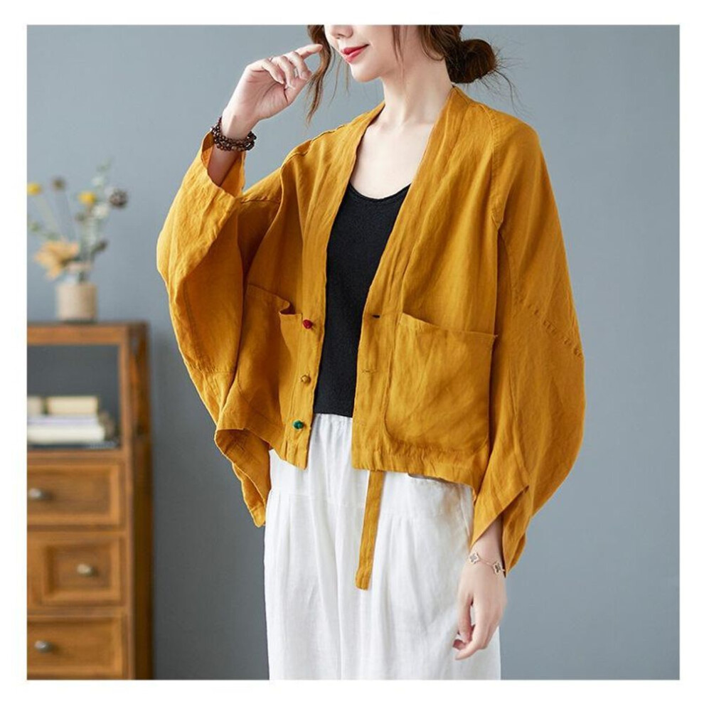 (yellow, One Size) Women's  Autumn Vintage Style  Long Sleeve Jackets  All-match Loose Comfortable Cotton Linen  Casual Coats